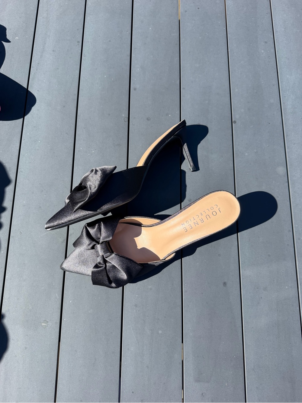Journee Collection Black Satin Bow Pointed Toe Mules